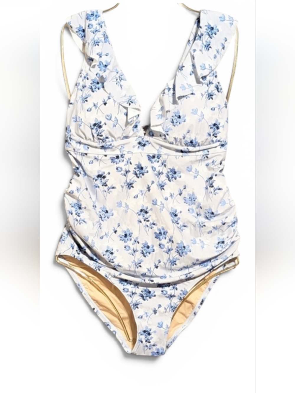🤰NWT A Pea in the Pod Blue Floral Ruffle Maternity One Piece Swimsuit Small